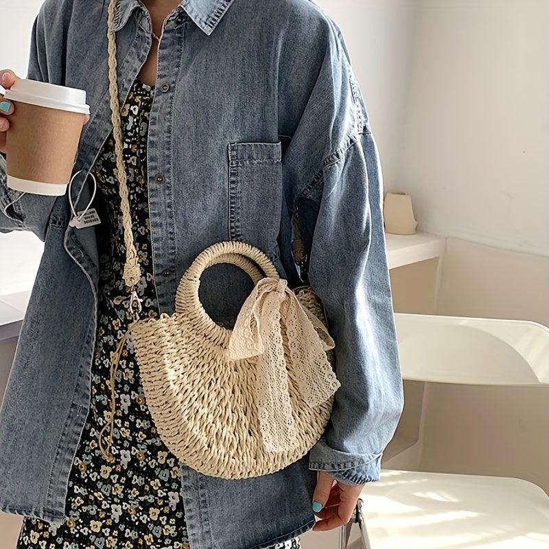 Straw Beach Bag Scarf Decor Crossbody Bag Boho Style Handbags for Travel
