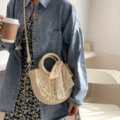 Straw Beach Bag Scarf Decor Crossbody Bag Boho Style Handbags for Travel