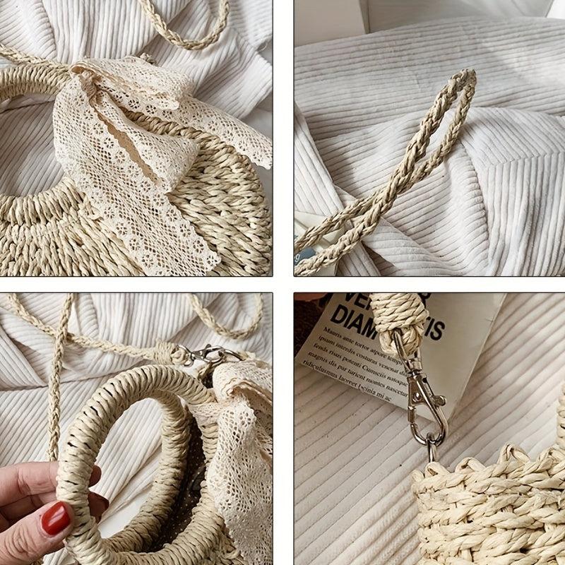 Straw Beach Bag Scarf Decor Crossbody Bag Boho Style Handbags for Travel