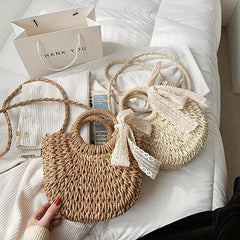 Straw Beach Bag Scarf Decor Crossbody Bag Boho Style Handbags for Travel