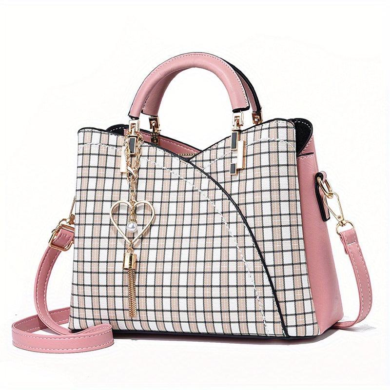 Plaid Pattern Satchel Bag Shoulder Bag Handbag With Tassel