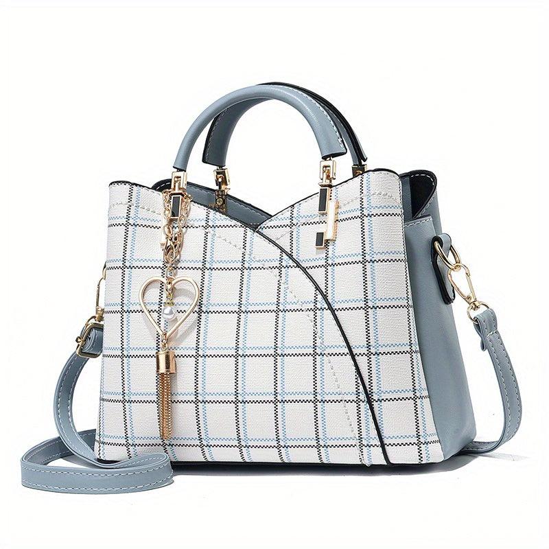 Plaid Pattern Satchel Bag Shoulder Bag Handbag With Tassel