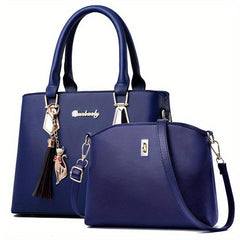 2pcs Tassel Pendant Tote Crossbody Set PU Leather Shoulder Bag