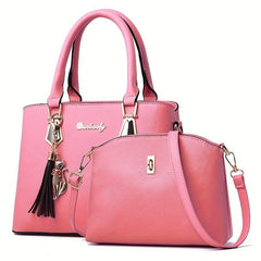 2pcs Tassel Pendant Tote Crossbody Set PU Leather Shoulder Bag