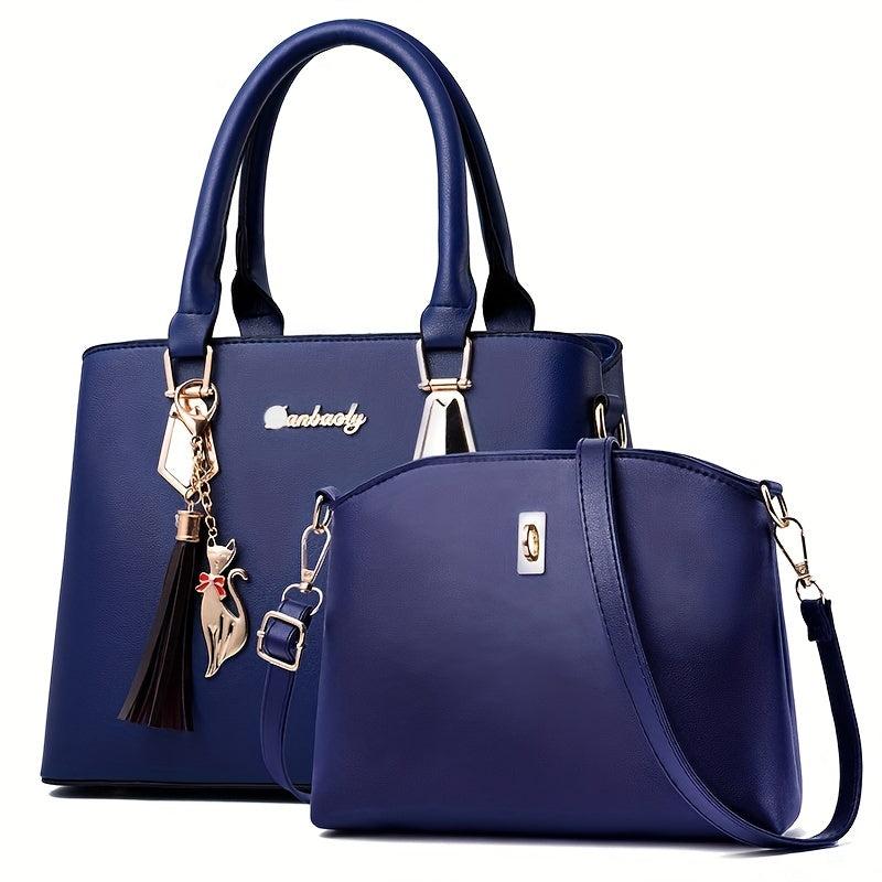 2pcs Tassel Pendant Tote Crossbody Set PU Leather Shoulder Bag