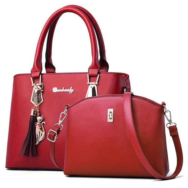 2pcs Tassel Pendant Tote Crossbody Set PU Leather Shoulder Bag