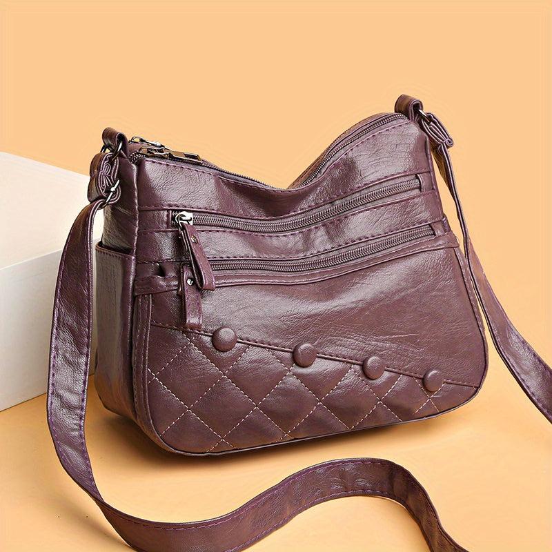 Quilted Crossbody Bag Studded PU Leather Square Shoulder Purse
