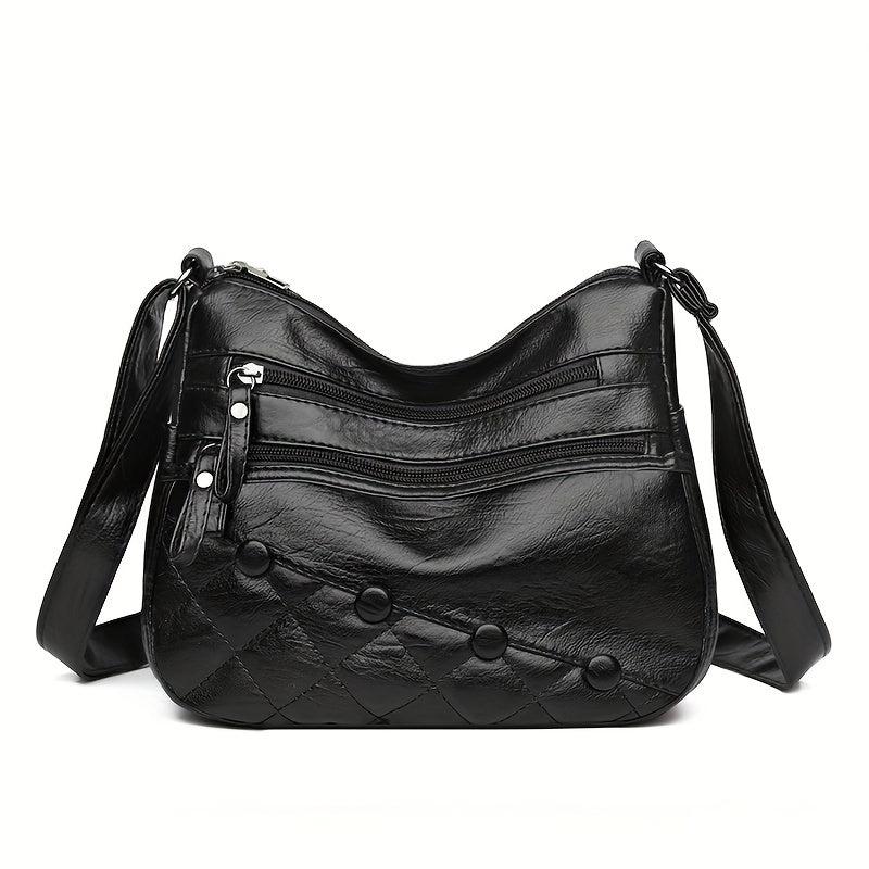 Quilted Crossbody Bag Studded PU Leather Square Shoulder Purse