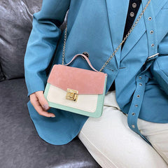 Colorblock Square Shoulder Bag Turn Lock Chain Bag All Match Women's Flap Purse