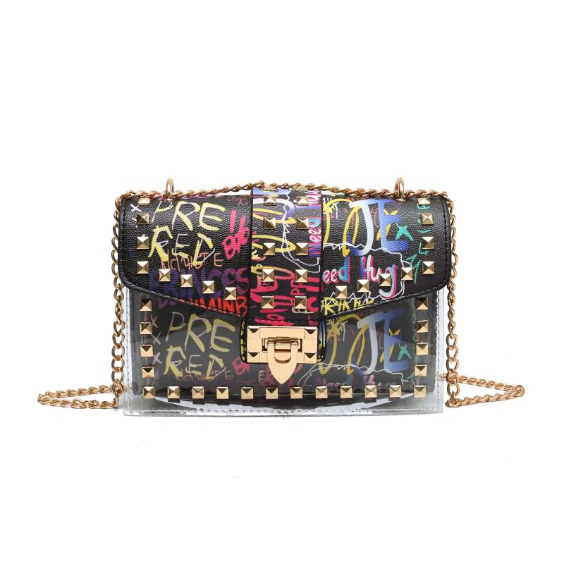 Colorful Graffiti Chain Crossbody Bag Studded Decor Shoulder Bag