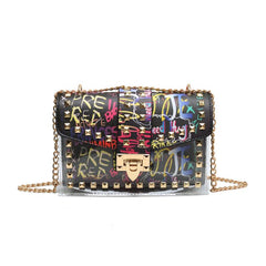 Colorful Graffiti Chain Crossbody Bag Studded Decor Shoulder Bag