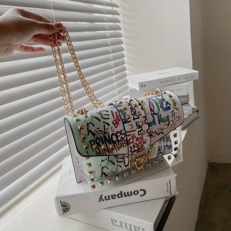 Colorful Graffiti Chain Crossbody Bag Studded Decor Shoulder Bag