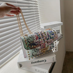 Colorful Graffiti Chain Crossbody Bag Studded Decor Shoulder Bag