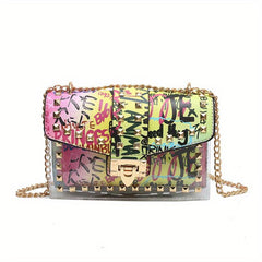 Colorful Graffiti Chain Crossbody Bag Studded Decor Shoulder Bag