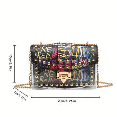 Colorful Graffiti Chain Crossbody Bag Studded Decor Shoulder Bag
