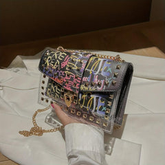 Colorful Graffiti Chain Crossbody Bag Studded Decor Shoulder Bag