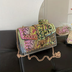 Colorful Graffiti Chain Crossbody Bag Studded Decor Shoulder Bag
