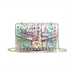 Colorful Graffiti Chain Crossbody Bag Studded Decor Shoulder Bag
