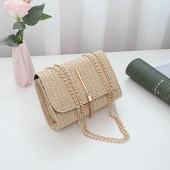 Chain Straw Shoulder Bag Women's Woven Flap Square Purse Tassel Decor