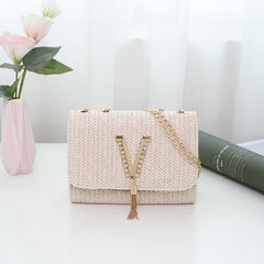 Chain Straw Shoulder Bag Women's Woven Flap Square Purse Tassel Decor