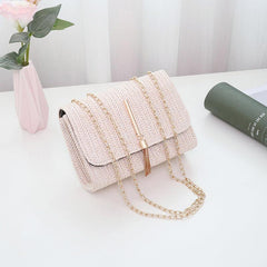 Chain Straw Shoulder Bag Women's Woven Flap Square Purse Tassel Decor