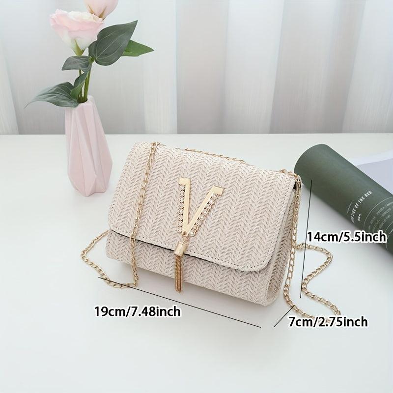 Chain Straw Shoulder Bag Women's Woven Flap Square Purse Tassel Decor