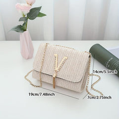 Chain Straw Shoulder Bag Women's Woven Flap Square Purse Tassel Decor