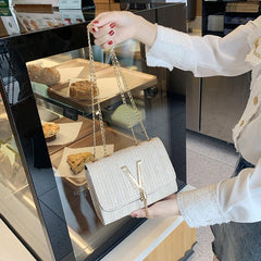 Chain Straw Shoulder Bag Women's Woven Flap Square Purse Tassel Decor
