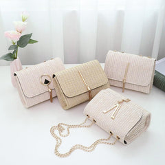 Chain Straw Shoulder Bag Women's Woven Flap Square Purse Tassel Decor