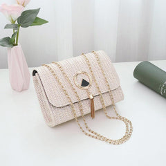 Chain Straw Shoulder Bag Women's Woven Flap Square Purse Tassel Decor