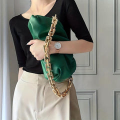 Ruched Underarm Bag Thick Chain Shoulder Bag Women's PU Leather Cloud Purse