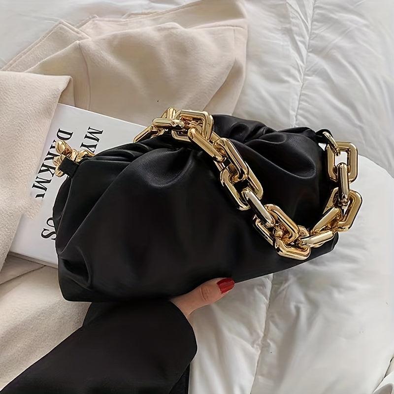 Ruched Underarm Bag Thick Chain Shoulder Bag Women's PU Leather Cloud Purse