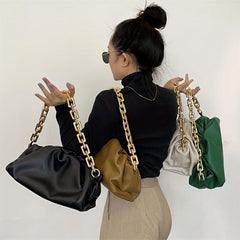 Ruched Underarm Bag Thick Chain Shoulder Bag Women's PU Leather Cloud Purse