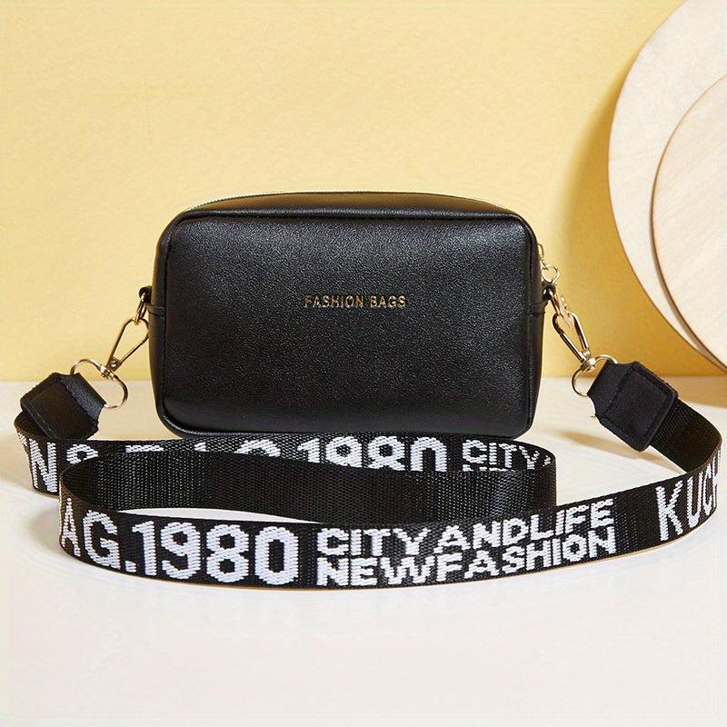 Square Crossbody Bag Zipper Shoulder Bag With Letter Pattern Strap