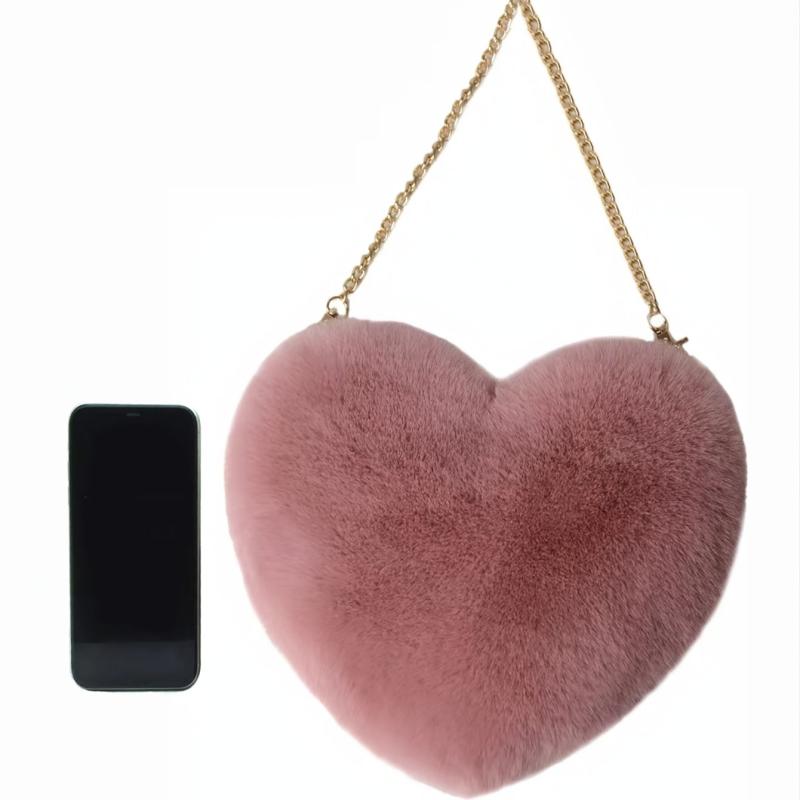 Heart Shaped Fluffy Shoulder Bag Chain Crossbody Zipper Purse