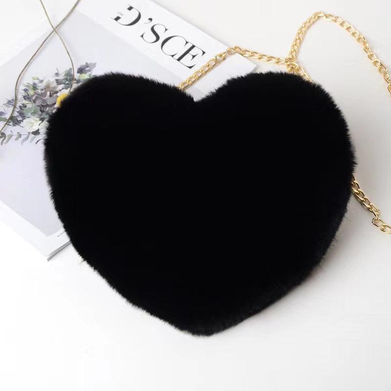 Heart Shaped Fluffy Shoulder Bag Chain Crossbody Zipper Purse