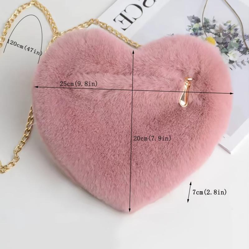 Heart Shaped Fluffy Shoulder Bag Chain Crossbody Zipper Purse