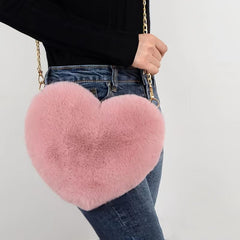 Heart Shaped Fluffy Shoulder Bag Chain Crossbody Zipper Purse