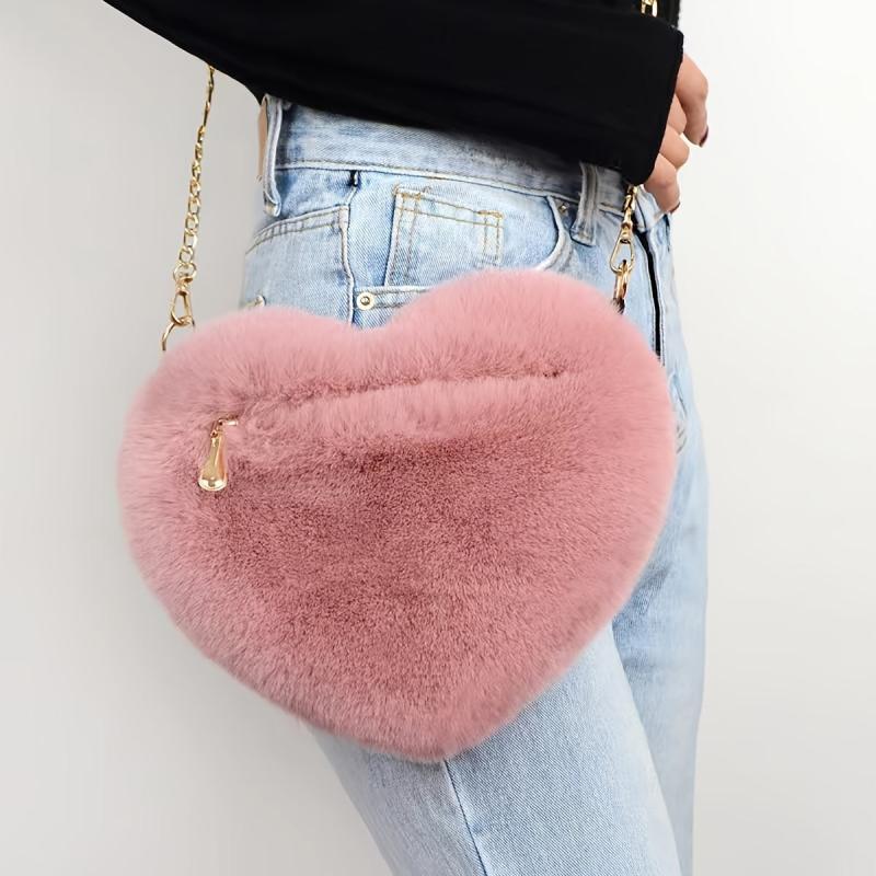 Heart Shaped Fluffy Shoulder Bag Chain Crossbody Zipper Purse