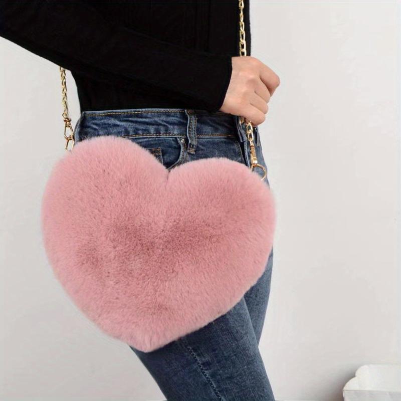 Heart Shaped Fluffy Shoulder Bag Chain Crossbody Zipper Purse