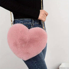 Heart Shaped Fluffy Shoulder Bag Chain Crossbody Zipper Purse