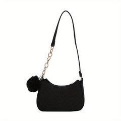 Chevron Quilted Felt Bag Chain Crossbody Bag Pompom Underarm Purse
