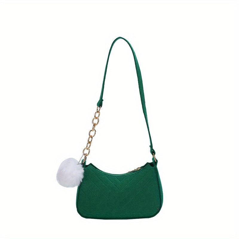 Chevron Quilted Felt Bag Chain Crossbody Bag Pompom Underarm Purse