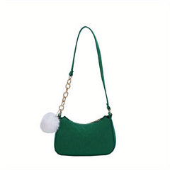 Chevron Quilted Felt Bag Chain Crossbody Bag Pompom Underarm Purse