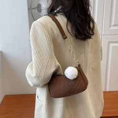 Chevron Quilted Felt Bag Chain Crossbody Bag Pompom Underarm Purse