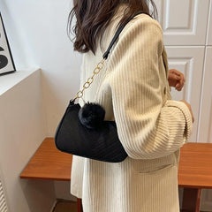 Chevron Quilted Felt Bag Chain Crossbody Bag Pompom Underarm Purse