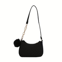 Chevron Quilted Felt Bag Chain Crossbody Bag Pompom Underarm Purse