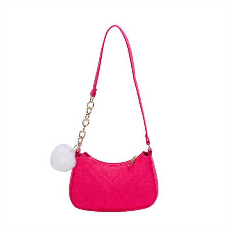 Chevron Quilted Felt Bag Chain Crossbody Bag Pompom Underarm Purse