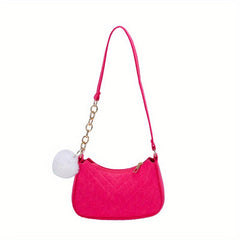 Chevron Quilted Felt Bag Chain Crossbody Bag Pompom Underarm Purse