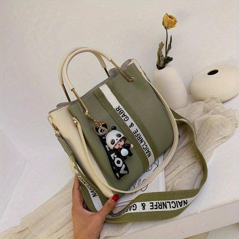 Letter Graphic Satchel Purse Crossbody Bag For Women PU Leather Bucket Handbag